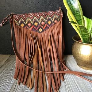 🌺Small brown faux leather fringe crossbody bag
